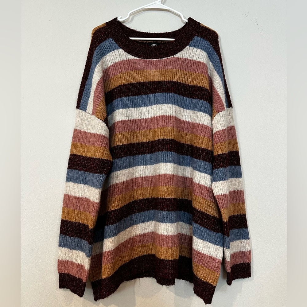 Oversized striped sweater in a roomy 2X designed in striped fall colors.